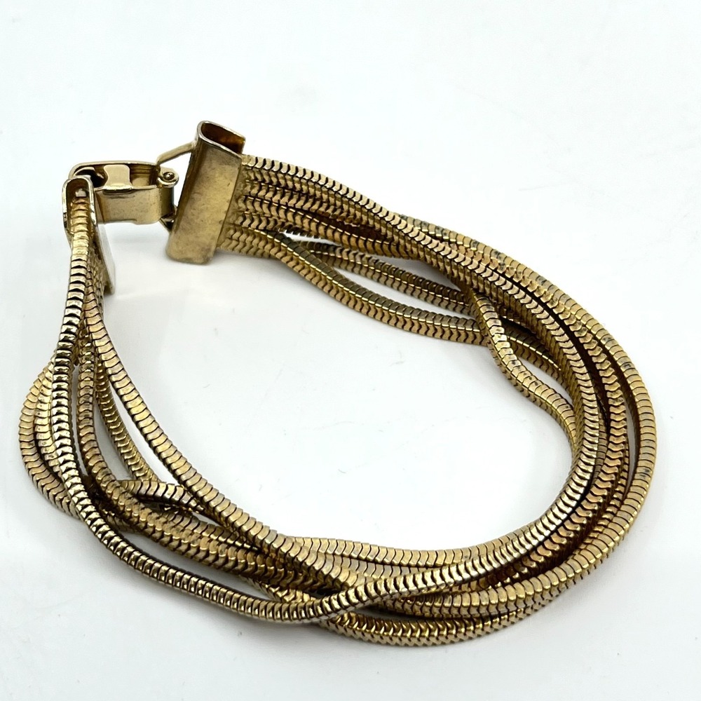 Vintage Gold Tone Multi Strand Snake Chain Wide Cuff Statement Bracelet 7"